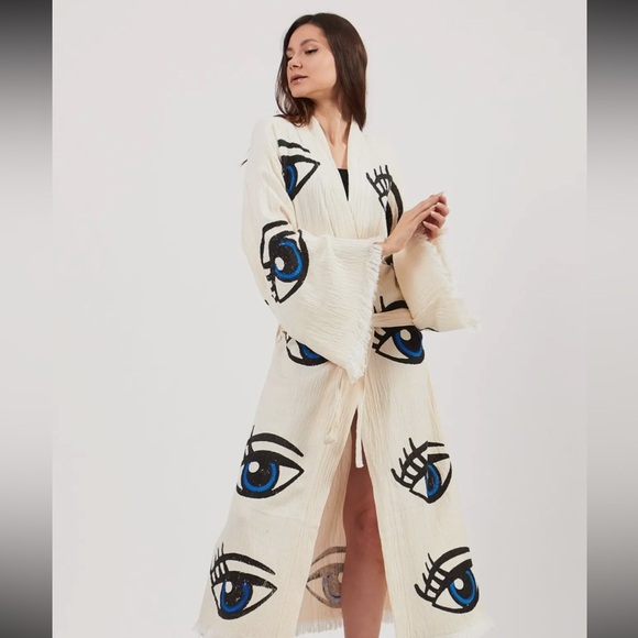 Handcrafted THIRD EYE 🪬🧿 ORGANIC KAFTAN Robe Cover Up Evil Protection Kimono - Picture 10 of 12